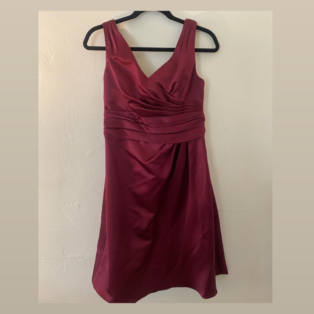 David’s Bridal midi dress in Wine (Burgundy).